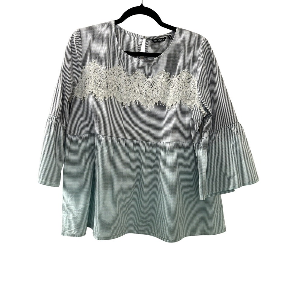 Hannah Striped Lace Peplum Top L Blue Bell Sleeve Coastal Preppy Boho Romantic